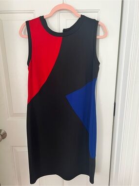 Carole Little Colorblock Sleeveless Midi Dress in Black, Red & Blue